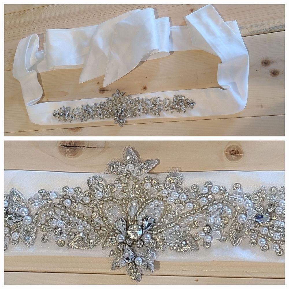 Rhinestone Pearl Beaded Silver Bridal Belt Wedding Sash Ivory Satin Long